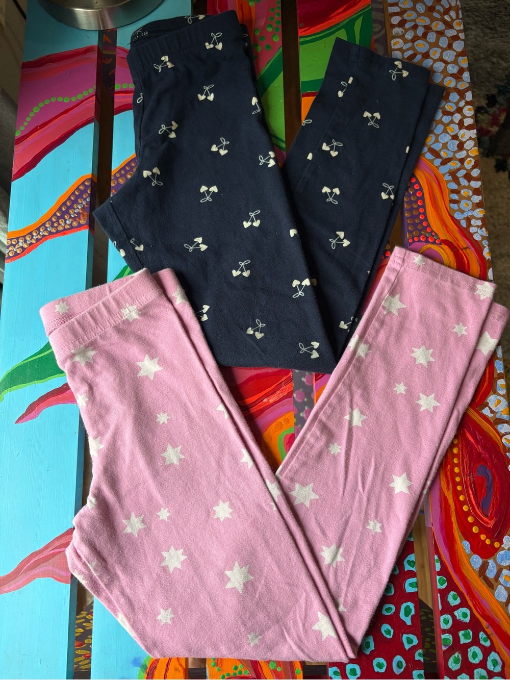2 Pack Old Navy Kids Leggings - Pink Star & Navy Cherry Print Size 8 Medium